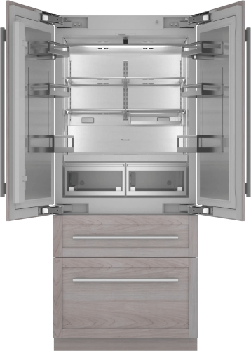 Built-in French door bottom freezer with adjustable glass shelves and clear storage bins from Thermador Refrigerators collection