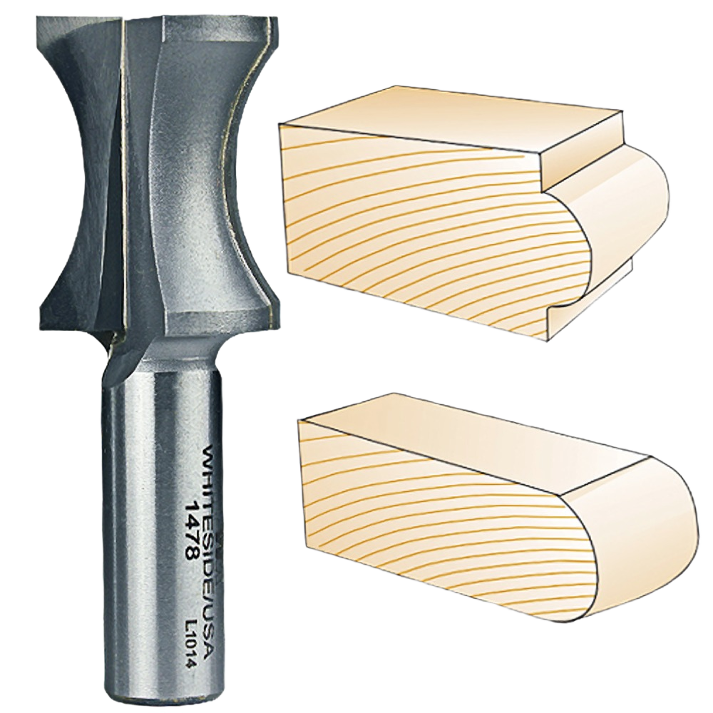 Precision-crafted Whiteside oval router bit next to wooden edge profiles in tool accessories and power tools collection