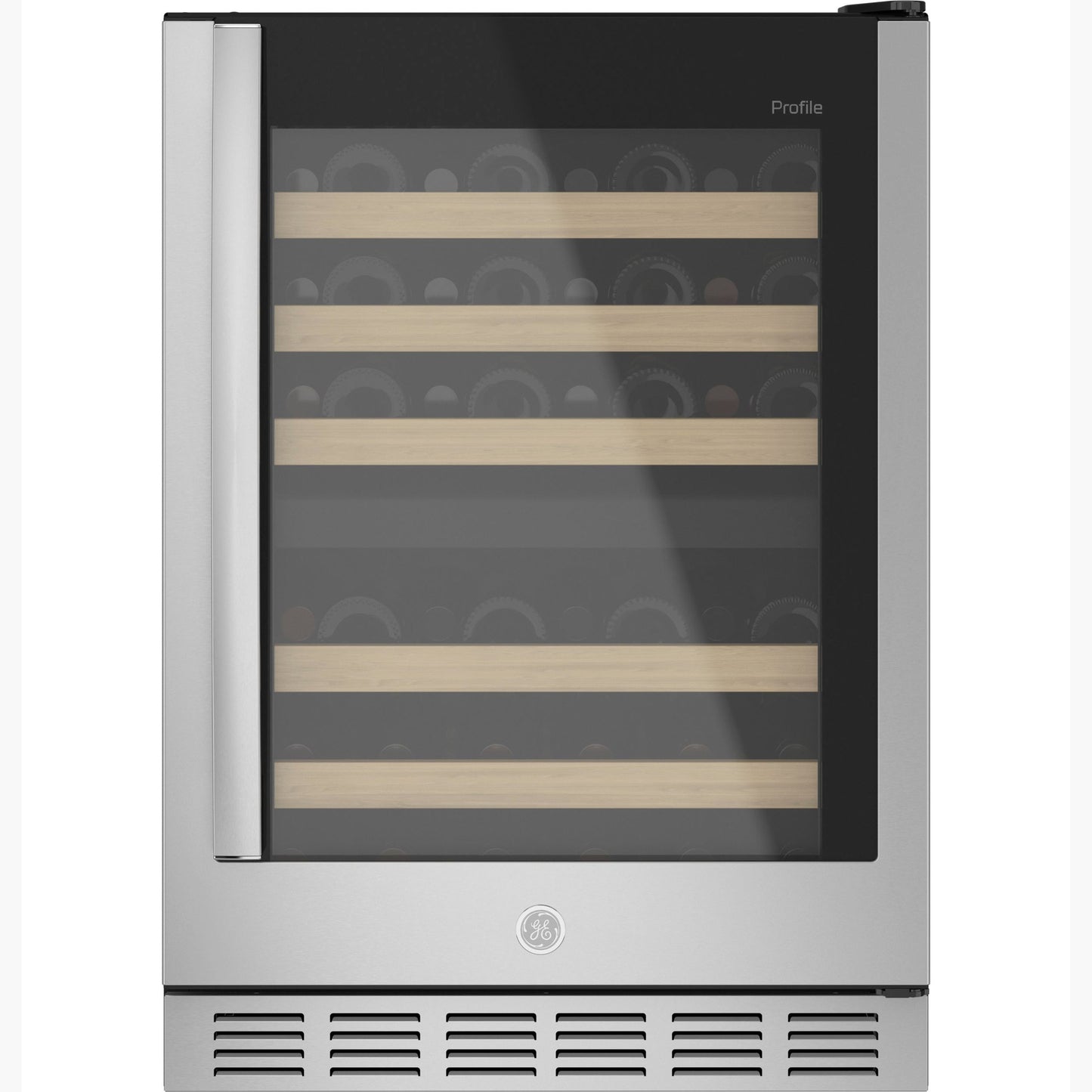 Stainless steel wine cooler with glass door, wooden shelves, and recessed handle in kitchen and appliances collection