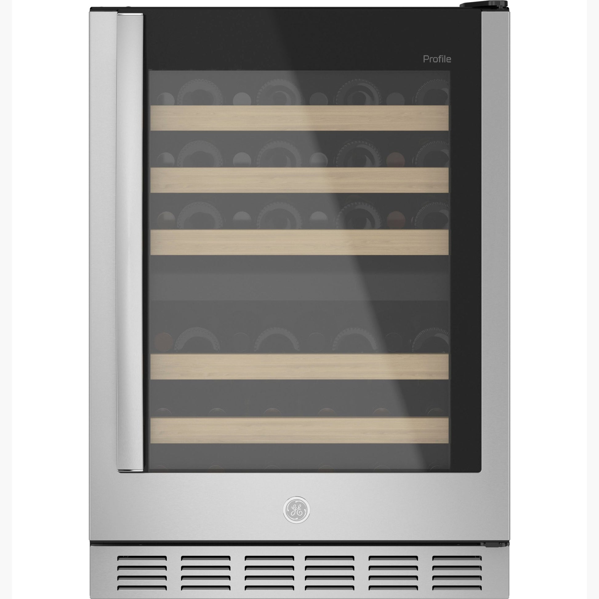 Stainless steel wine cooler with glass door, wooden shelves, and recessed handle in kitchen and appliances collection