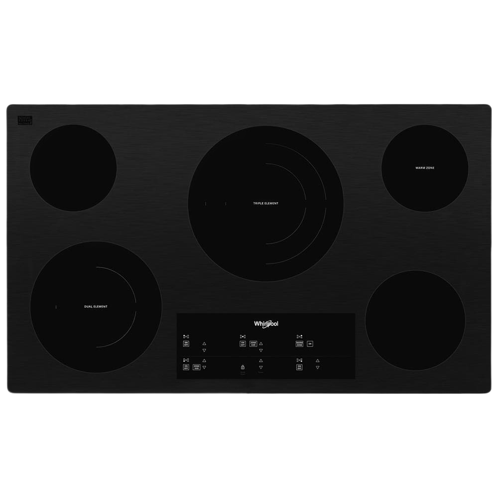Black ceramic electric cooktop with five radiant elements and digital touch controls in appliances collection