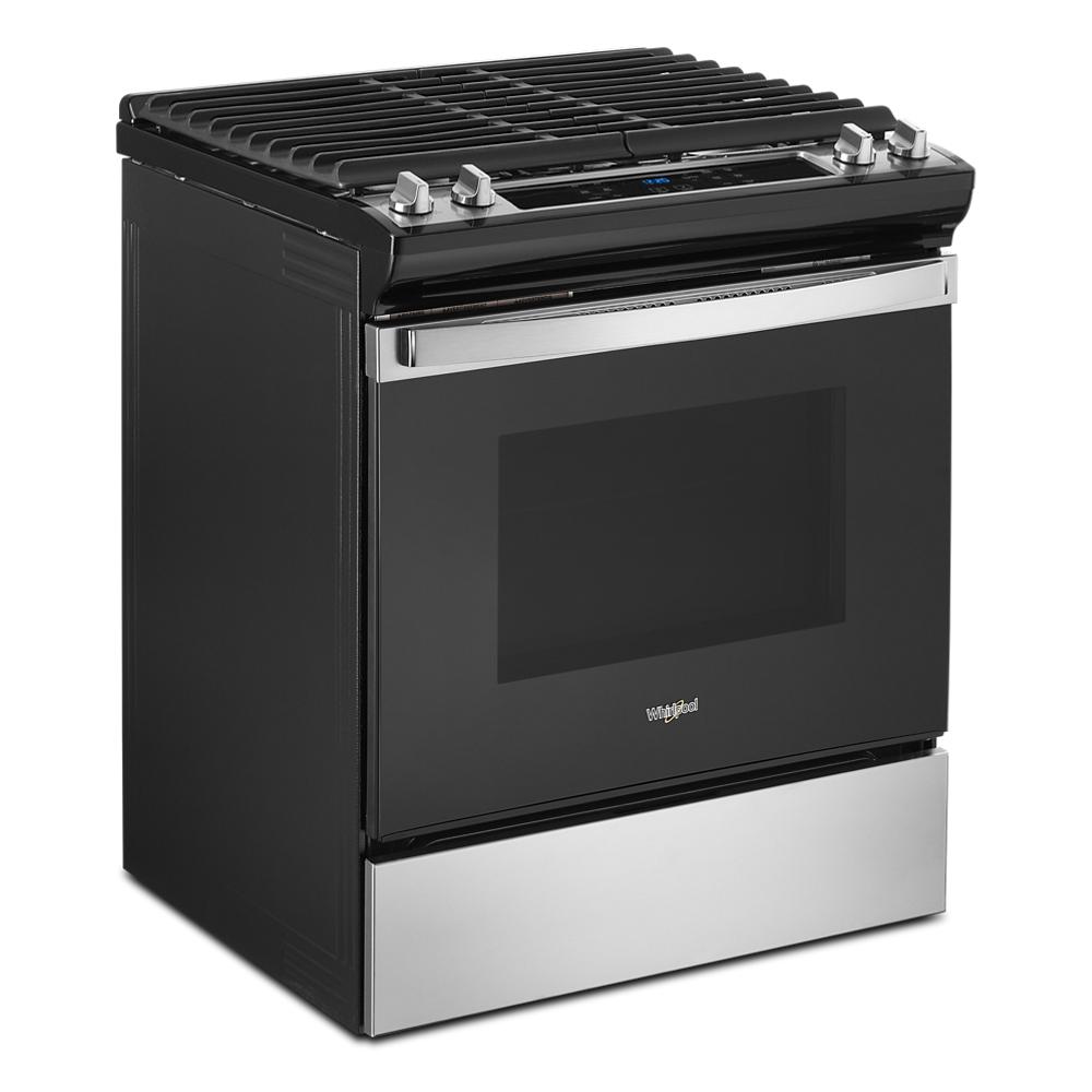 Black Whirlpool gas slide-in range with stainless steel handle, edge-to-edge cast iron grates, part of Ranges & Cooktops at Hartville Hardware