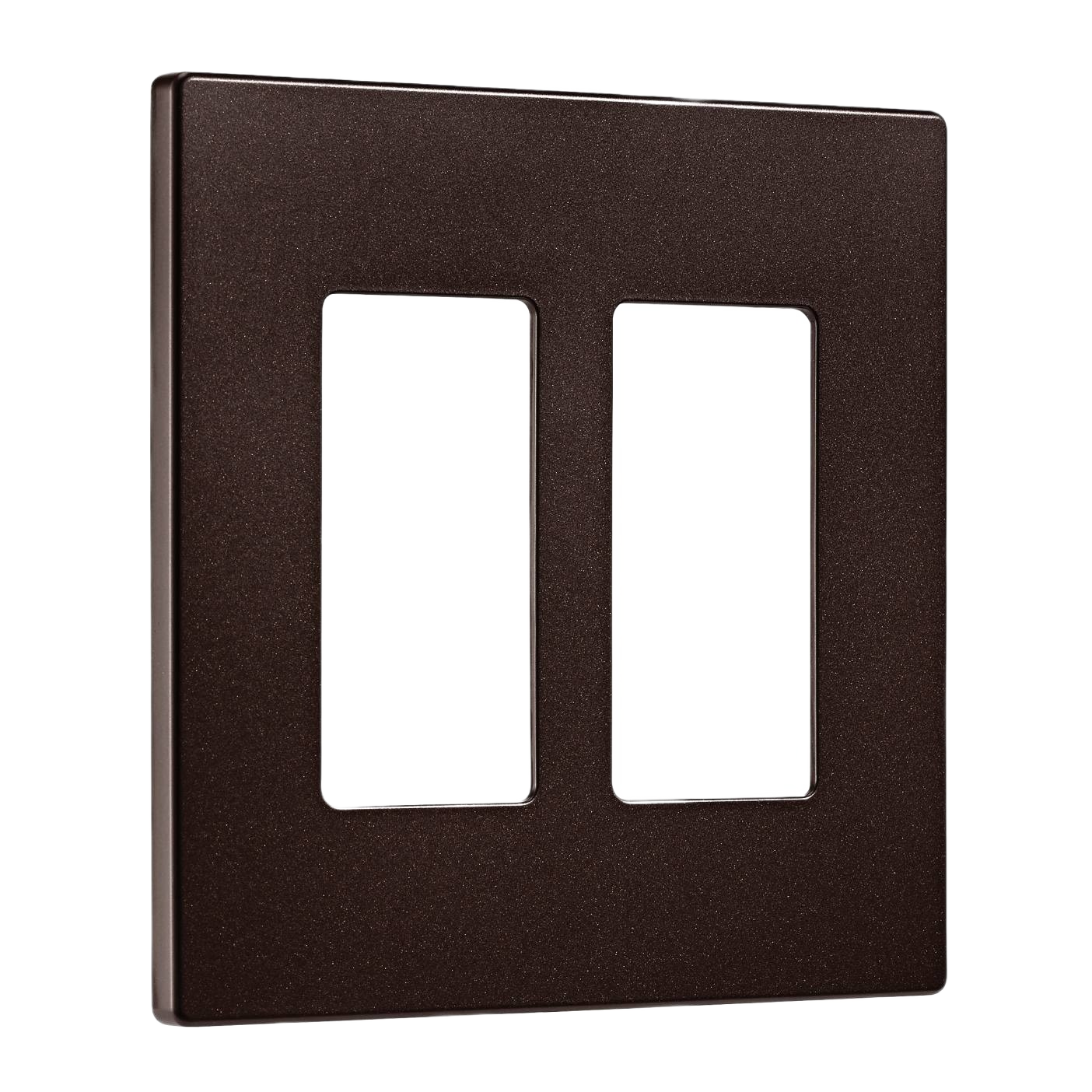 Oil rubbed bronze screwless wall plate with two rectangular openings for switches or outlets in home improvement use