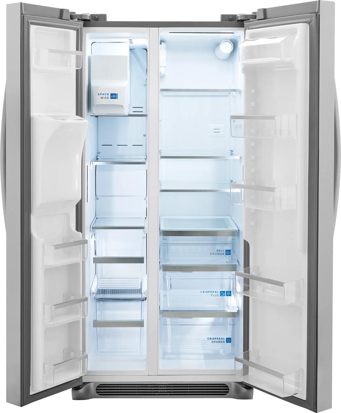 Open empty 33-inch side-by-side refrigerator with adjustable glass shelves and clear crispers for kitchen use