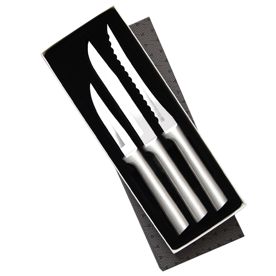 Three-piece stainless steel kitchen knife set with sleek polished handles in black gift box from Kitchen Utensils collection