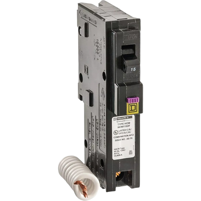 Black single-pole circuit breaker with integrated test button and coiled copper wire for home improvement use