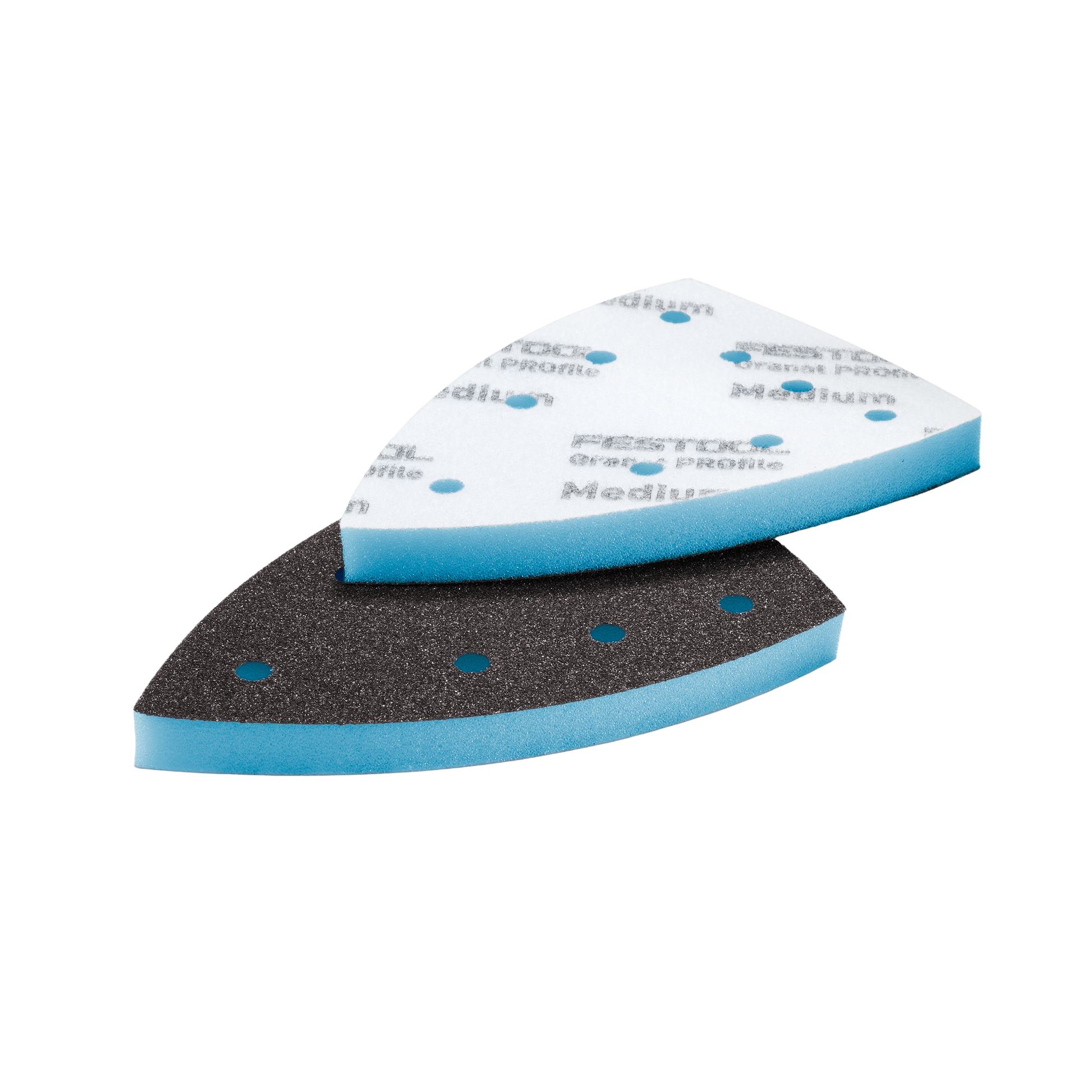 Two flexible delta-shaped sanding abrasives with blue foam backing for woodworking and power tool accessories collection