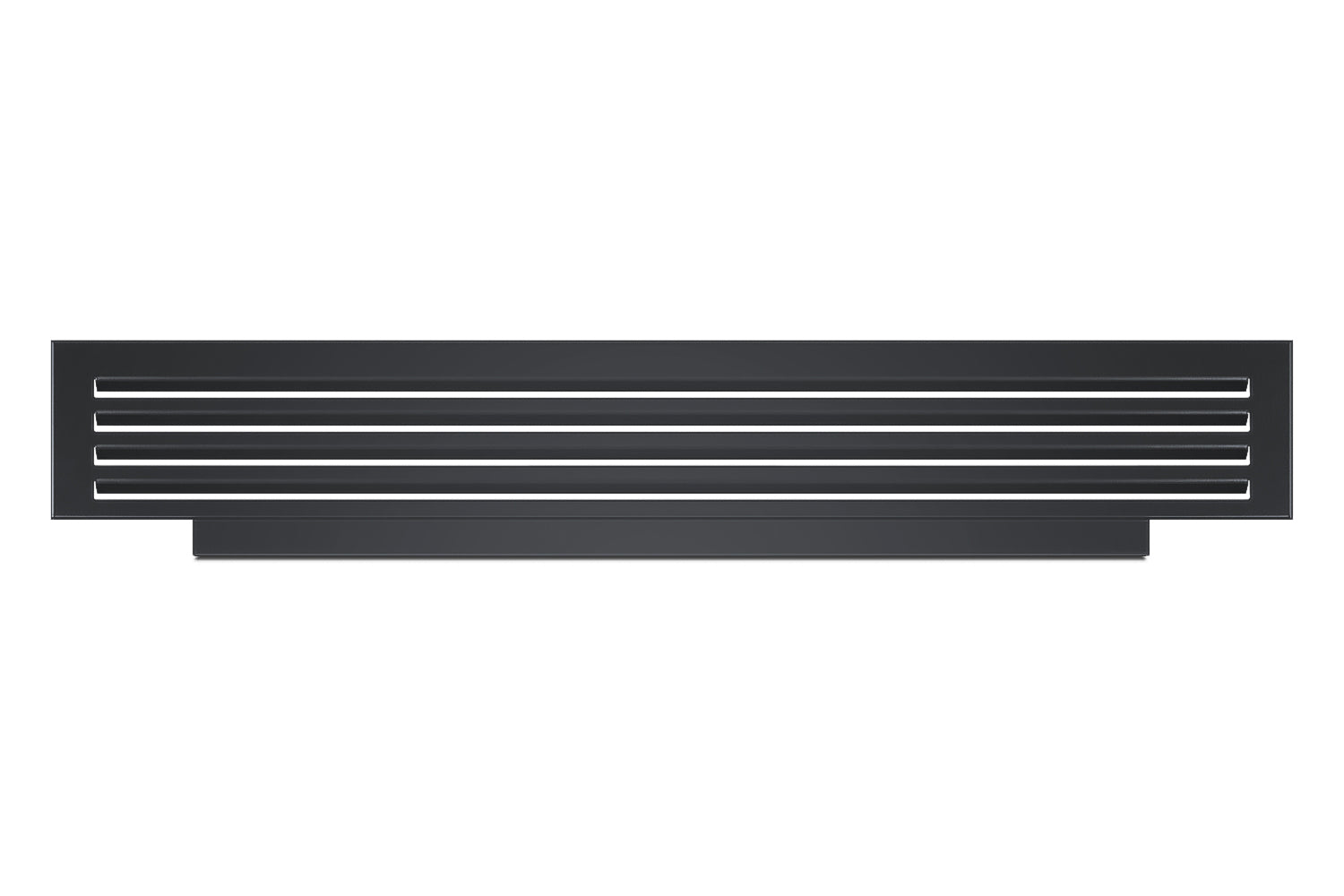 Black refrigerator grille vent panel with horizontal slats for kitchen appliances and home improvement use