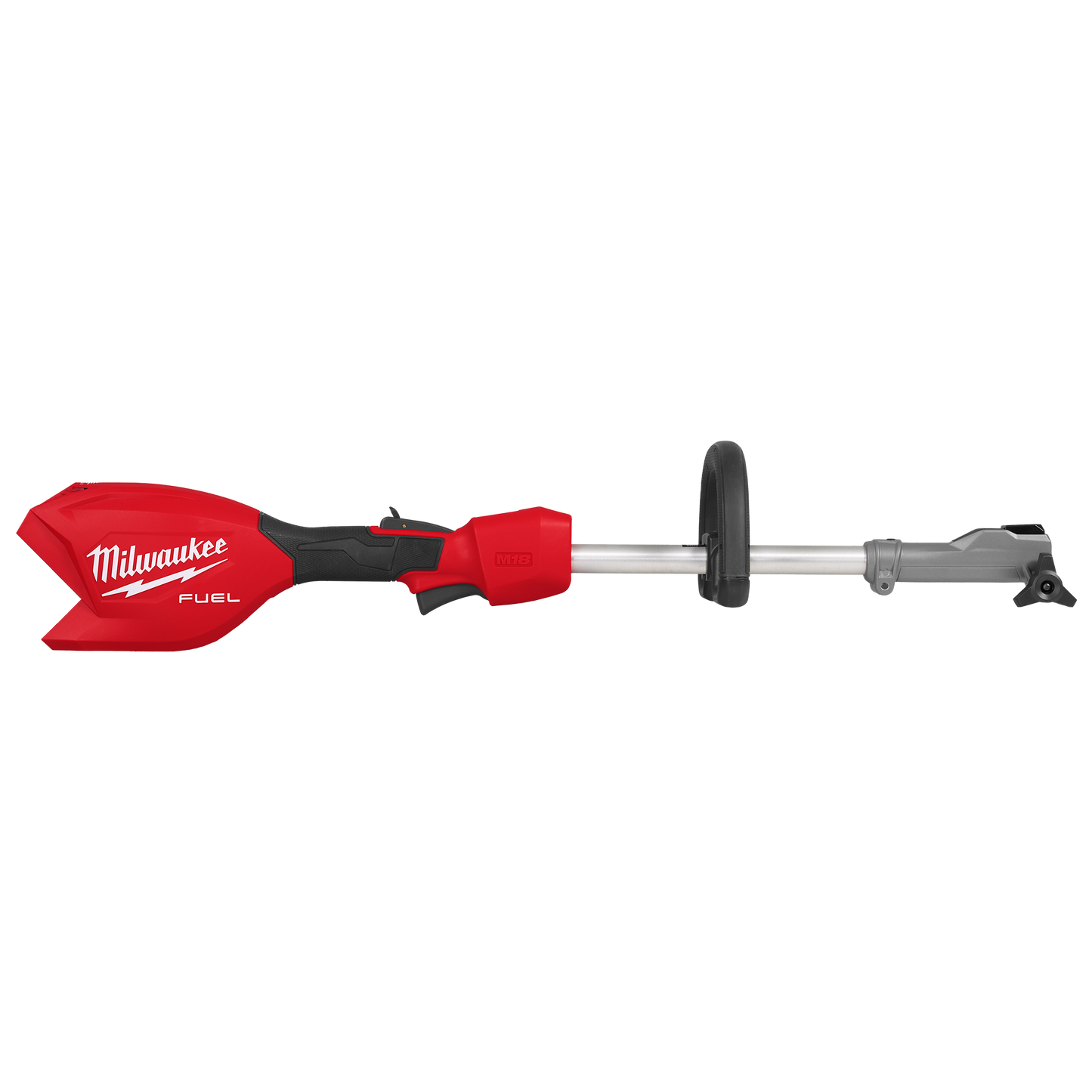Red and black cordless Milwaukee M18 FUEL power head with QUIK-LOK system for outdoor power tools and lawn care