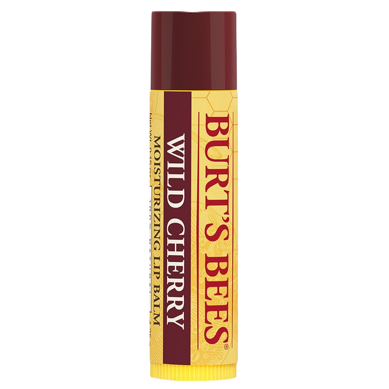 Moisturizing lip balm tube with wild cherry flavor in yellow and burgundy packaging for lip care.