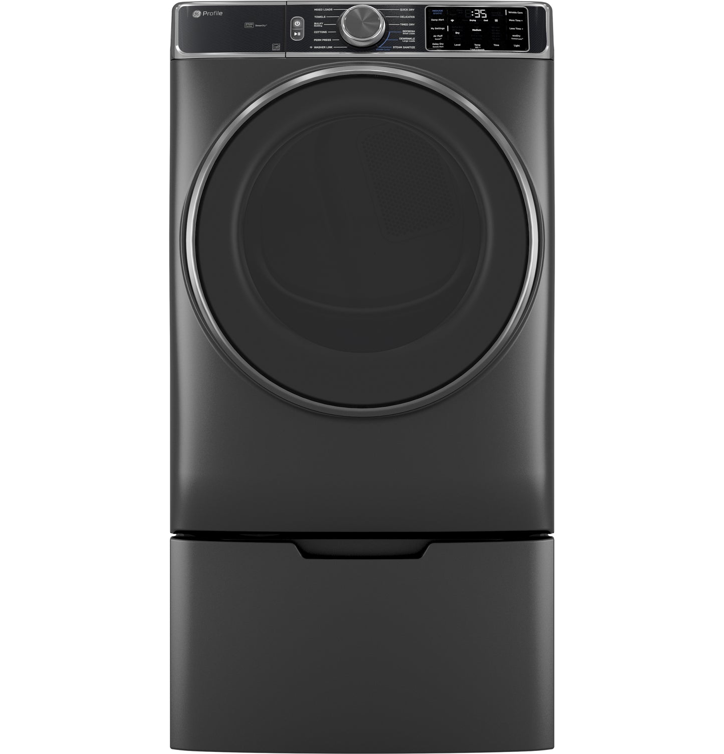 Front-load washer in dark steel gray with matching pedestal from appliance parts and laundry pedestals collection