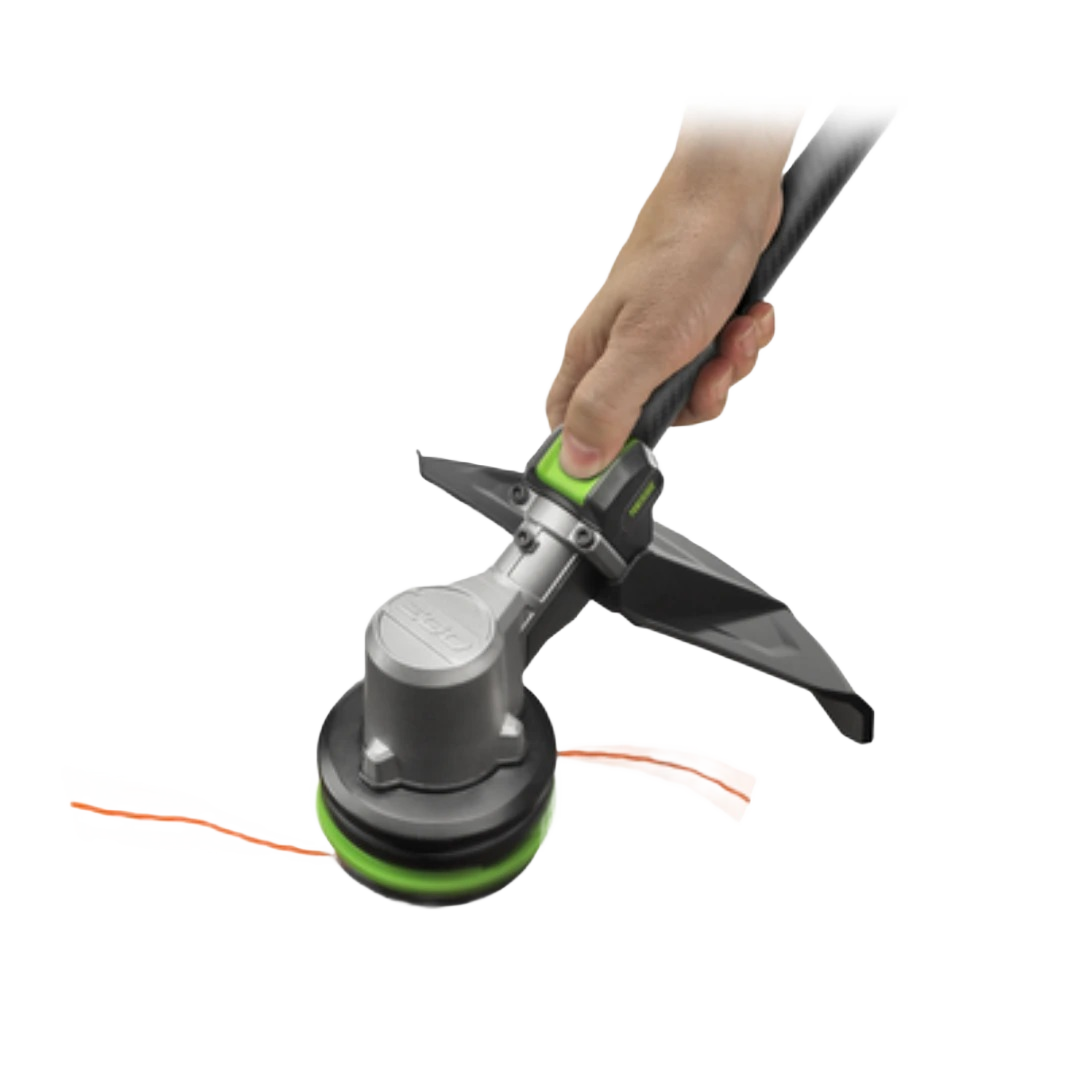 Hand gripping EGO string trimmer head with dual cutting lines for outdoor power tools and lawn care use