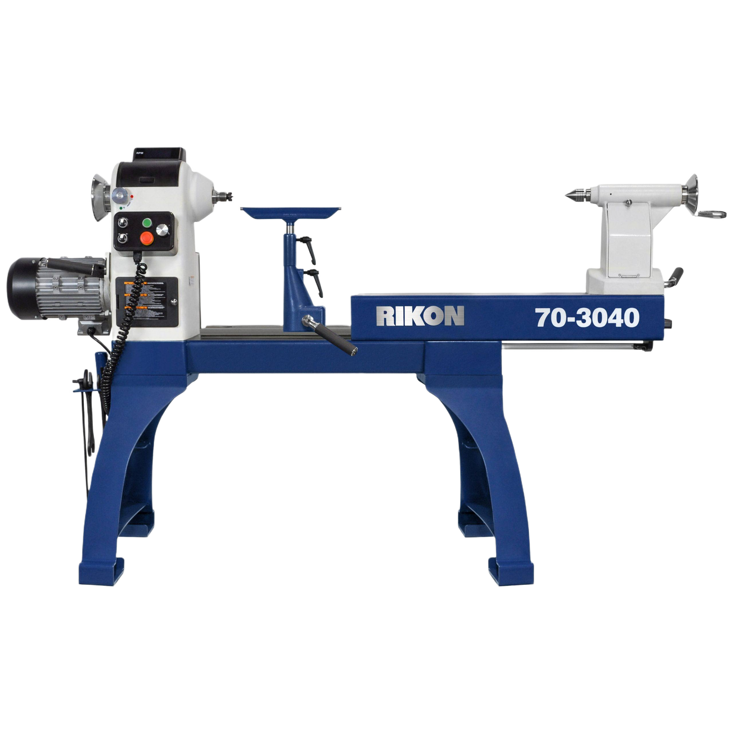 Industrial blue and white wood lathe with sliding bed and digital controls for precision woodworking and home improvement projects