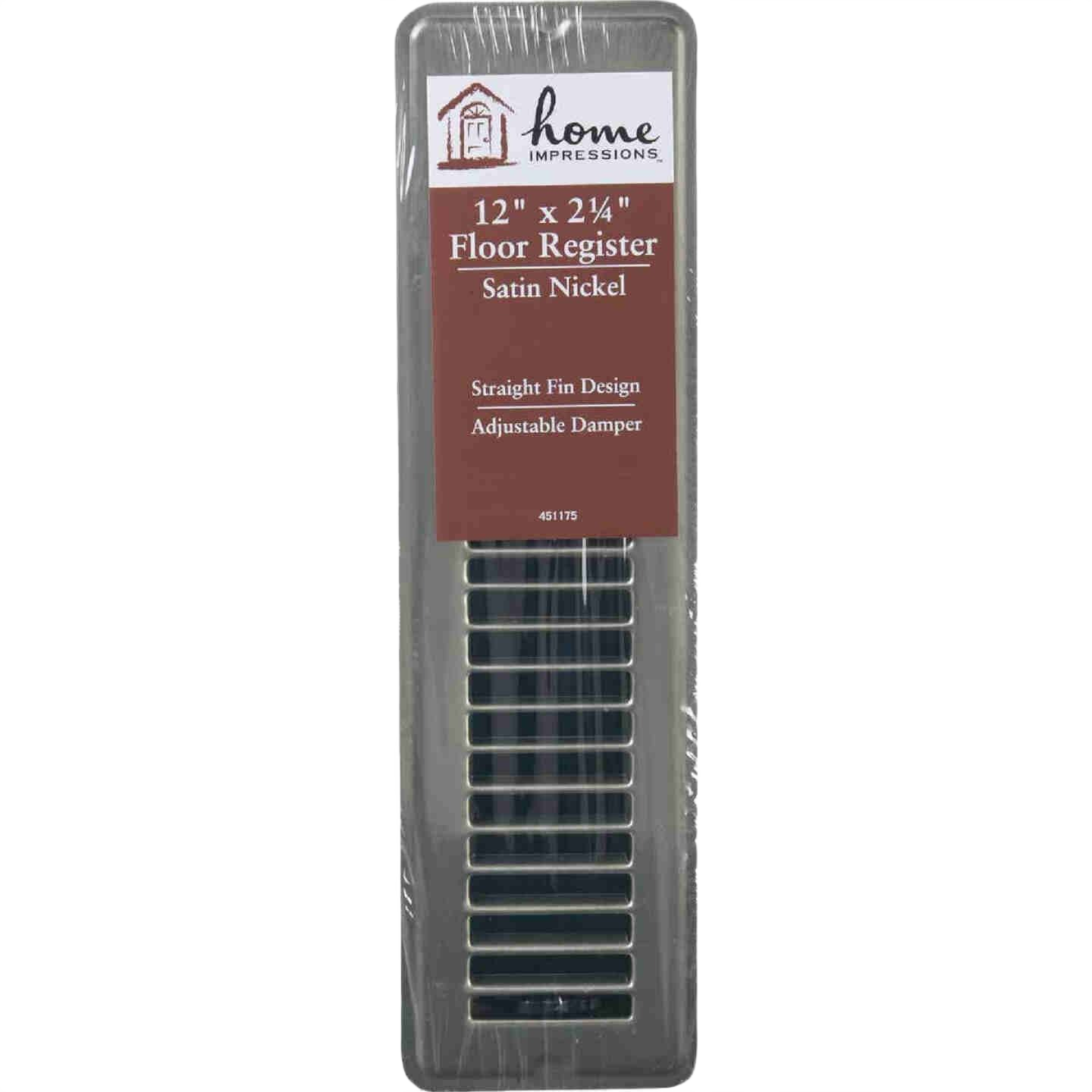 Steel floor register with satin nickel finish featuring adjustable damper and straight fin design for home improvement use