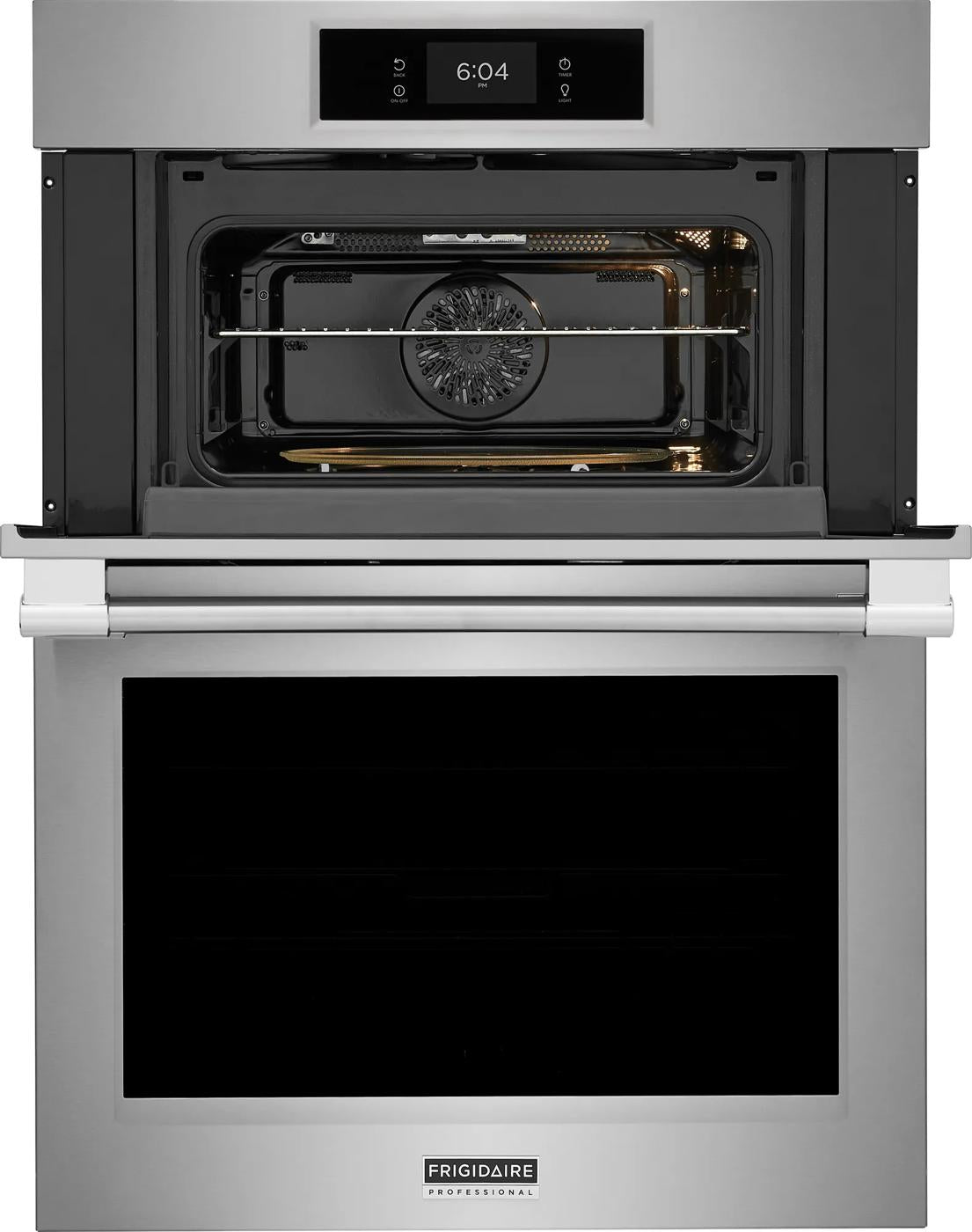Stainless steel double wall oven and microwave combo with digital display and convection fan inside microwave cavity