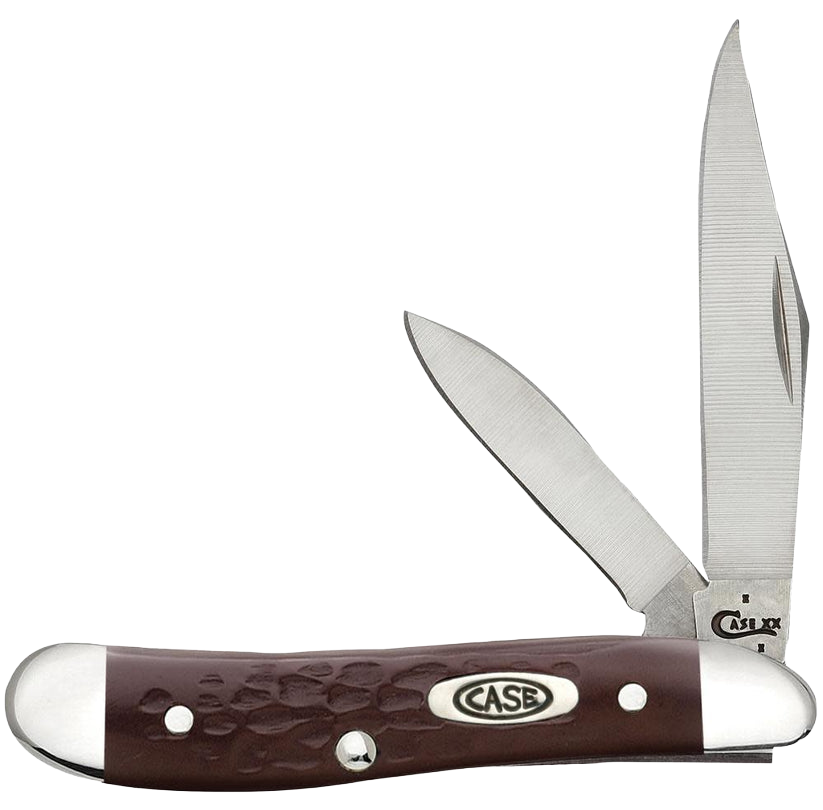Compact brown synthetic handle peanut knife by Case Knives with two stainless steel blades for precision tasks