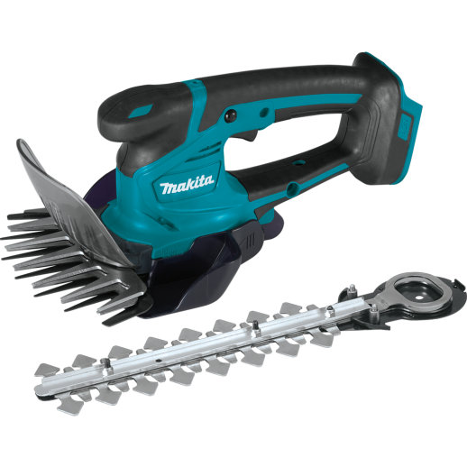 Cordless grass shear with detachable hedge trimmer blade and ergonomic grip for outdoor home improvement tasks