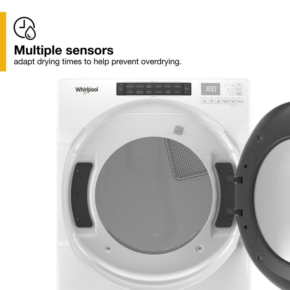 White front load electric dryer with open door showing moisture sensor and intuitive touch controls in appliances collection