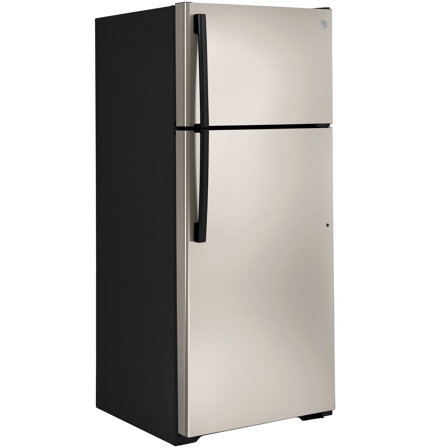 Stainless steel top-freezer refrigerator with black handles, part of kitchen and appliance collections for home improvement.