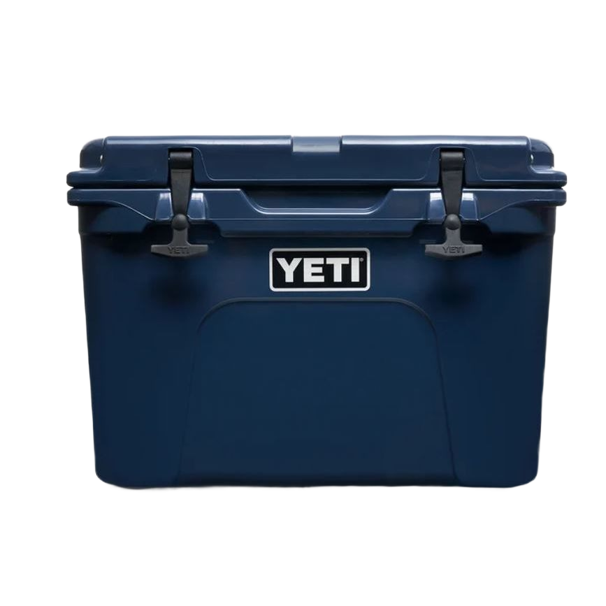 Dark blue rotomolded hard cooler with durable latch locks and insulated interior for food storage and organization use