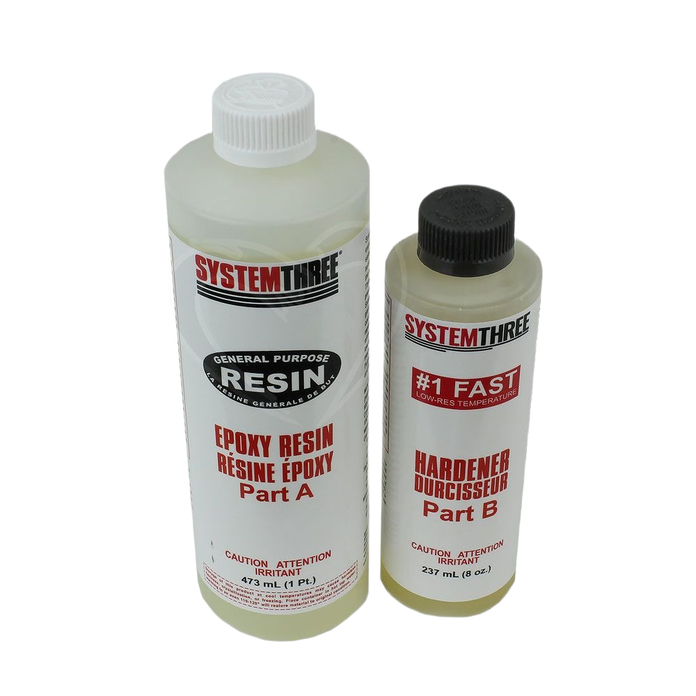 Two clear plastic bottles labeled resin and fast hardener for general-purpose epoxy in wood sealing and repair collection