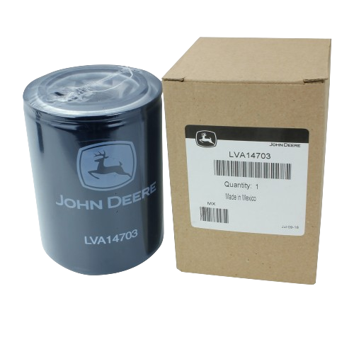 Black John Deere branded transmission oil filter with model number next to plain brown cardboard packaging box