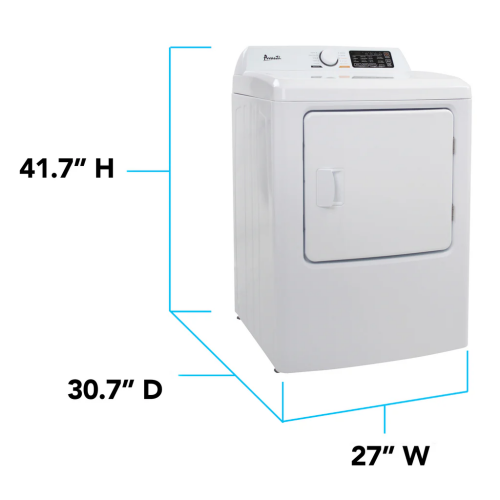 White front load electric clothes dryer with dimensions and digital control panel in Dryers and Appliances collection