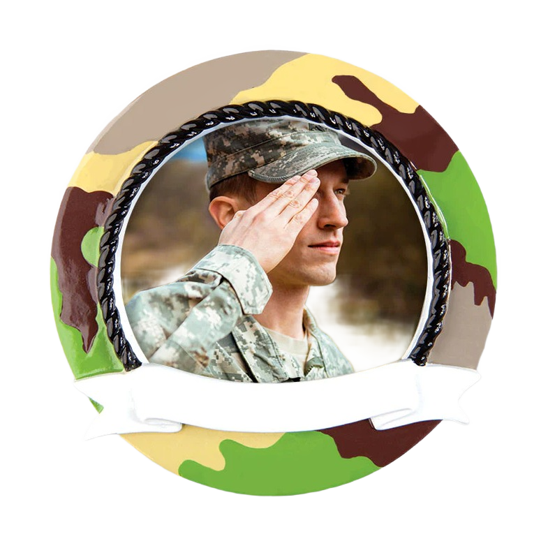 Camouflage patterned round ornament with braided frame and blank white banner for personalized Christmas tree decoration