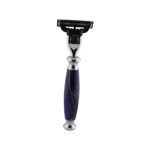 Chrome razor with polished chrome fittings and deep purple handle for grooming and personal care tools collections