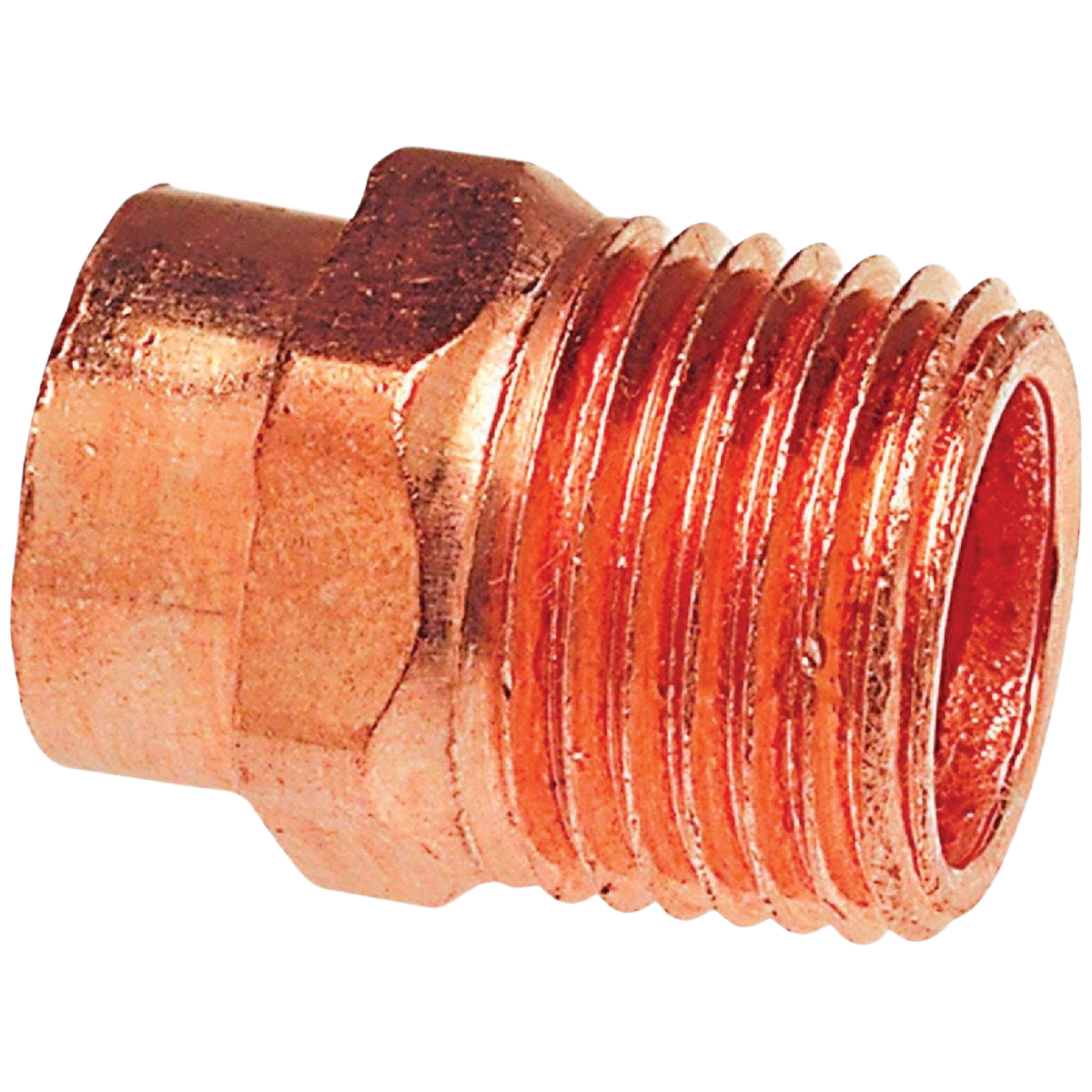 Copper male adapter with threaded pipe connection and solder end, suitable for plumbing in copper fittings and pipes collection