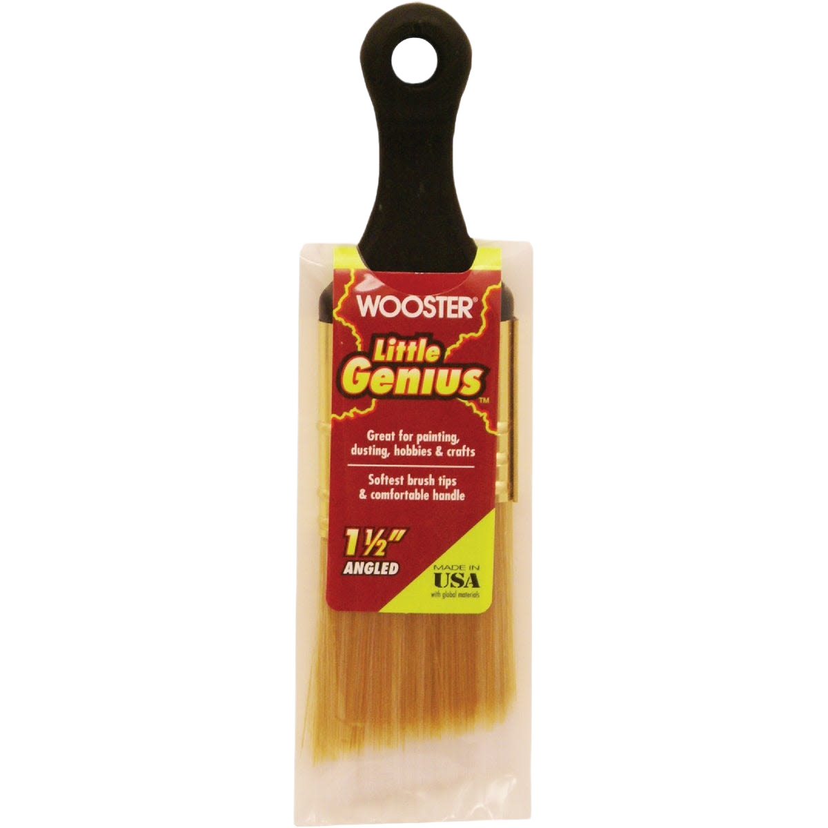 Small angled paint brush with soft bristles and short black handle for detailed home improvement and craft projects