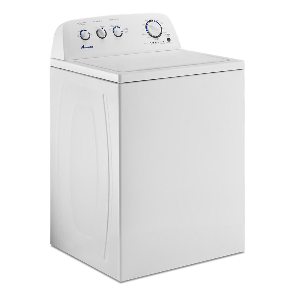 White top load washer with high-efficiency agitator and control dials for home laundry and cleaning tasks