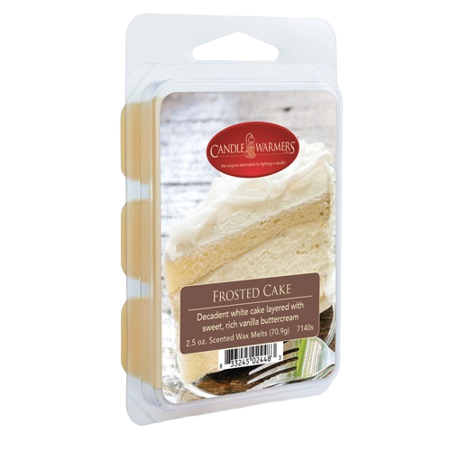 Clamshell pack of vanilla-scented wax melts with frosted cake image for home fragrance and decor
