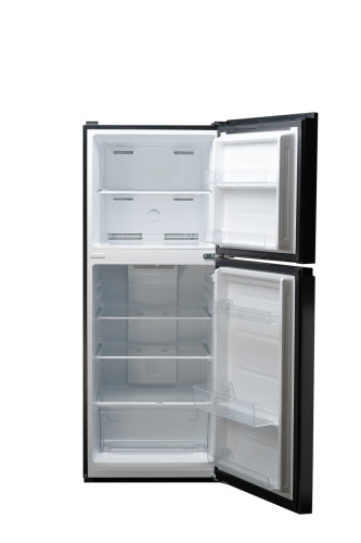 Black top freezer refrigerator with open doors showing adjustable shelves and door storage in appliances collection