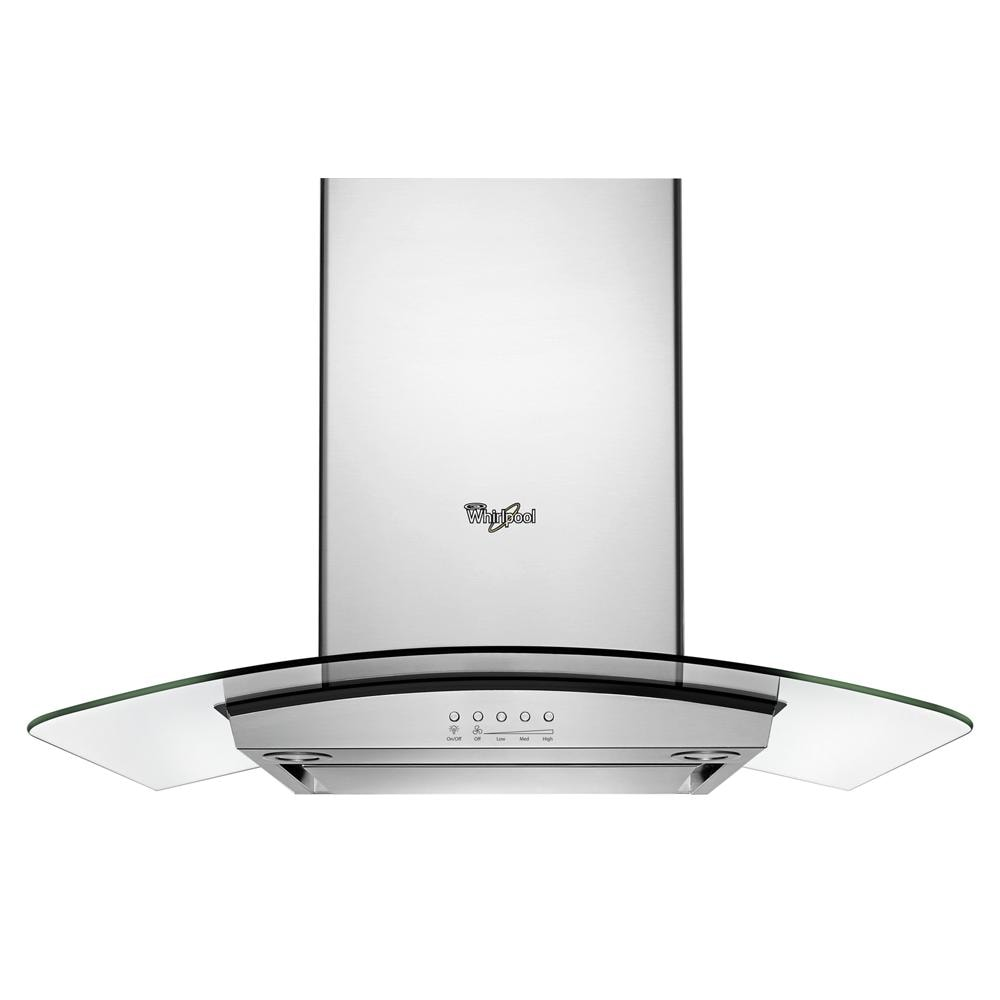 Stainless steel wall mounted range hood with curved glass canopy and push button controls from appliances collection