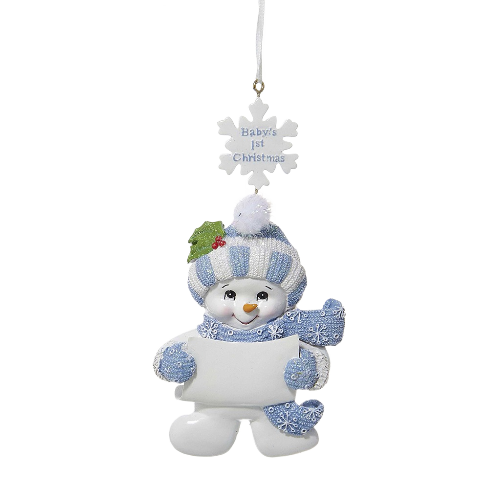Blue and white snowman baby ornament with hat, scarf, and "Baby's 1st Christmas" snowflake hanging decoration