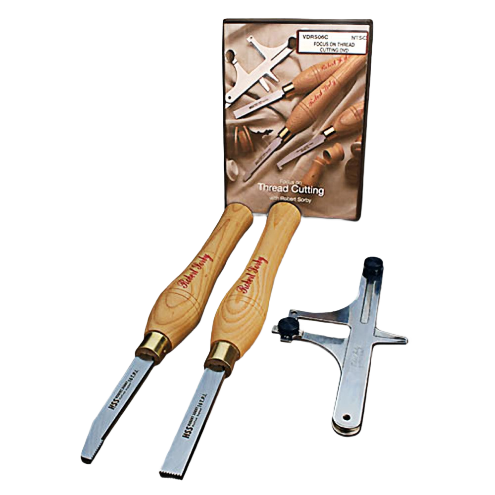 Woodworking thread cutting tool set with wooden handles and metal gauge, part of Robert Sorby woodworking tools collection