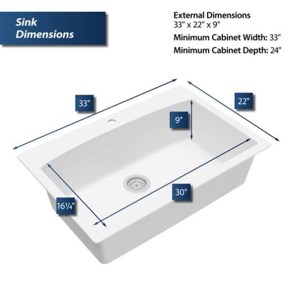 White quartz top mount kitchen sink with large single bowl and detailed dimension indicators for home improvement use