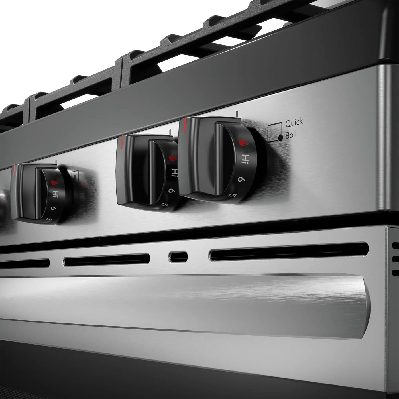 Close-up of stainless steel control knobs with Quick Boil setting on a gas range in kitchen appliances and ranges collection