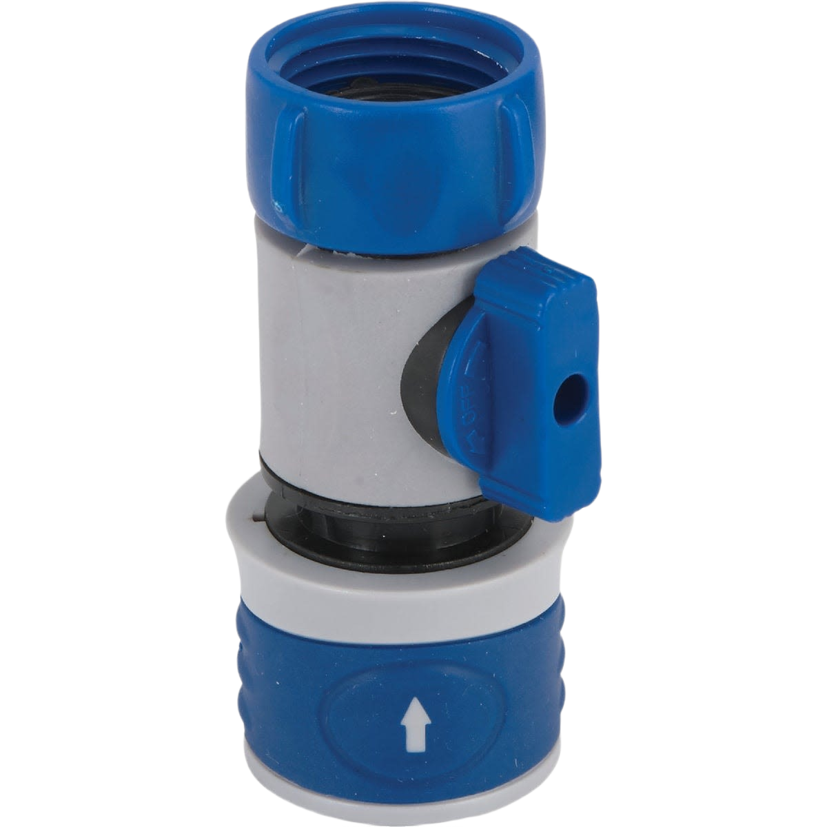 Blue and gray female quick connect garden hose connector with shut-off valve for water control and home improvement use