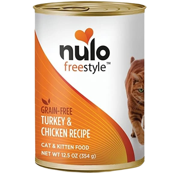 Can of grain-free turkey and chicken cat food with orange and white label featuring a cat image