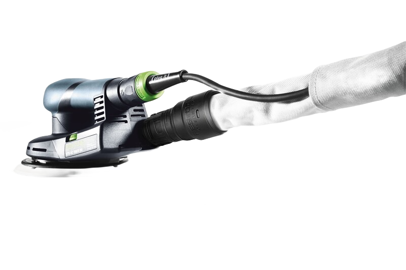 Handheld orbital sander connected to Festool anti-static hose with nylon sleeve for dust management in woodworking tools