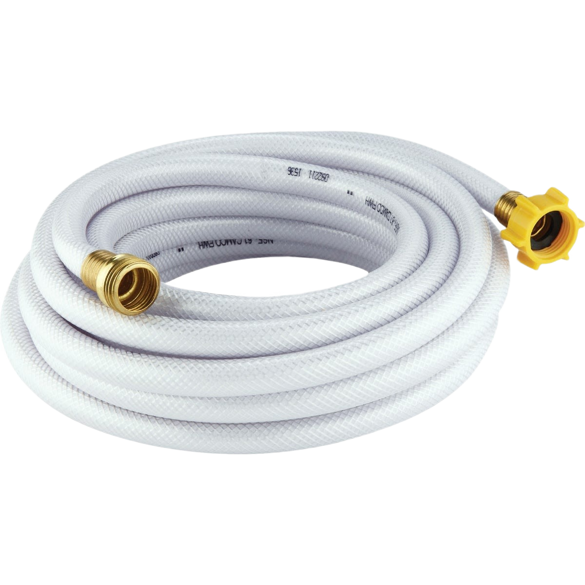 White braided freshwater hose with brass fittings and yellow plastic connector for RV and home water supply use