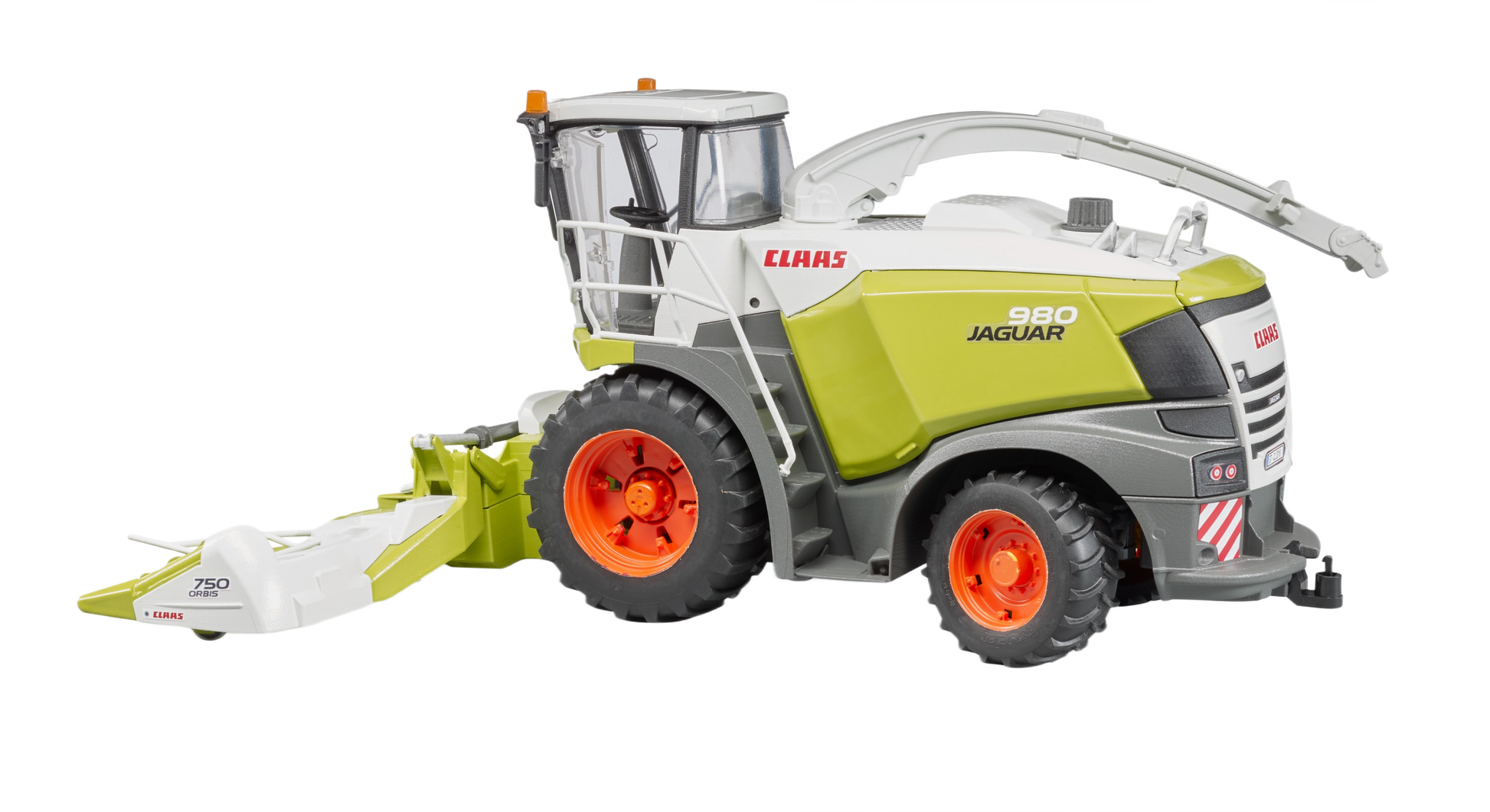 Detailed 1:16 scale model of a Claas Jaguar 980 forage harvester with lime green body and bright orange wheels