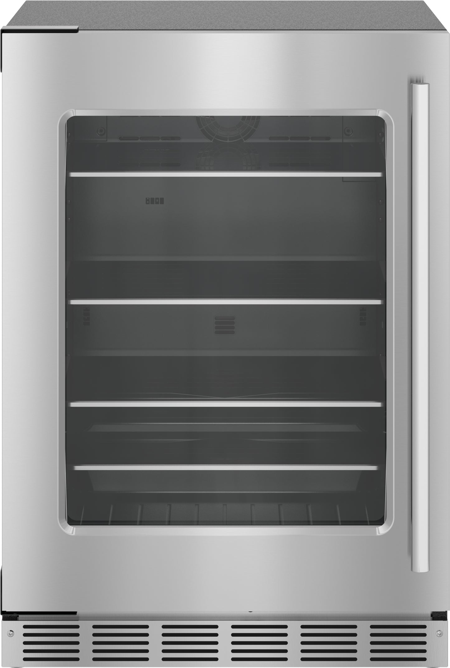 Under counter stainless steel refrigerator with glass door, adjustable shelves, and left hinge for kitchen appliance collections