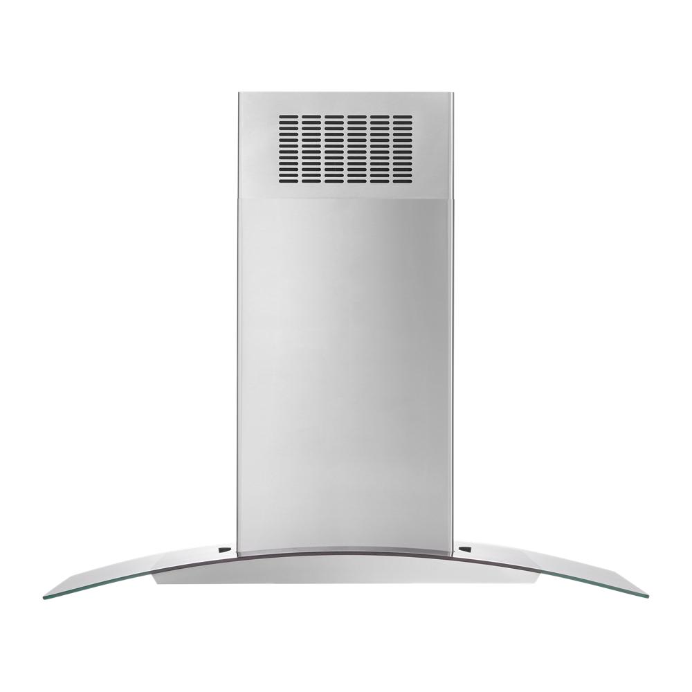 Modern curved glass kitchen island range hood with stainless steel chimney and vent grille at top