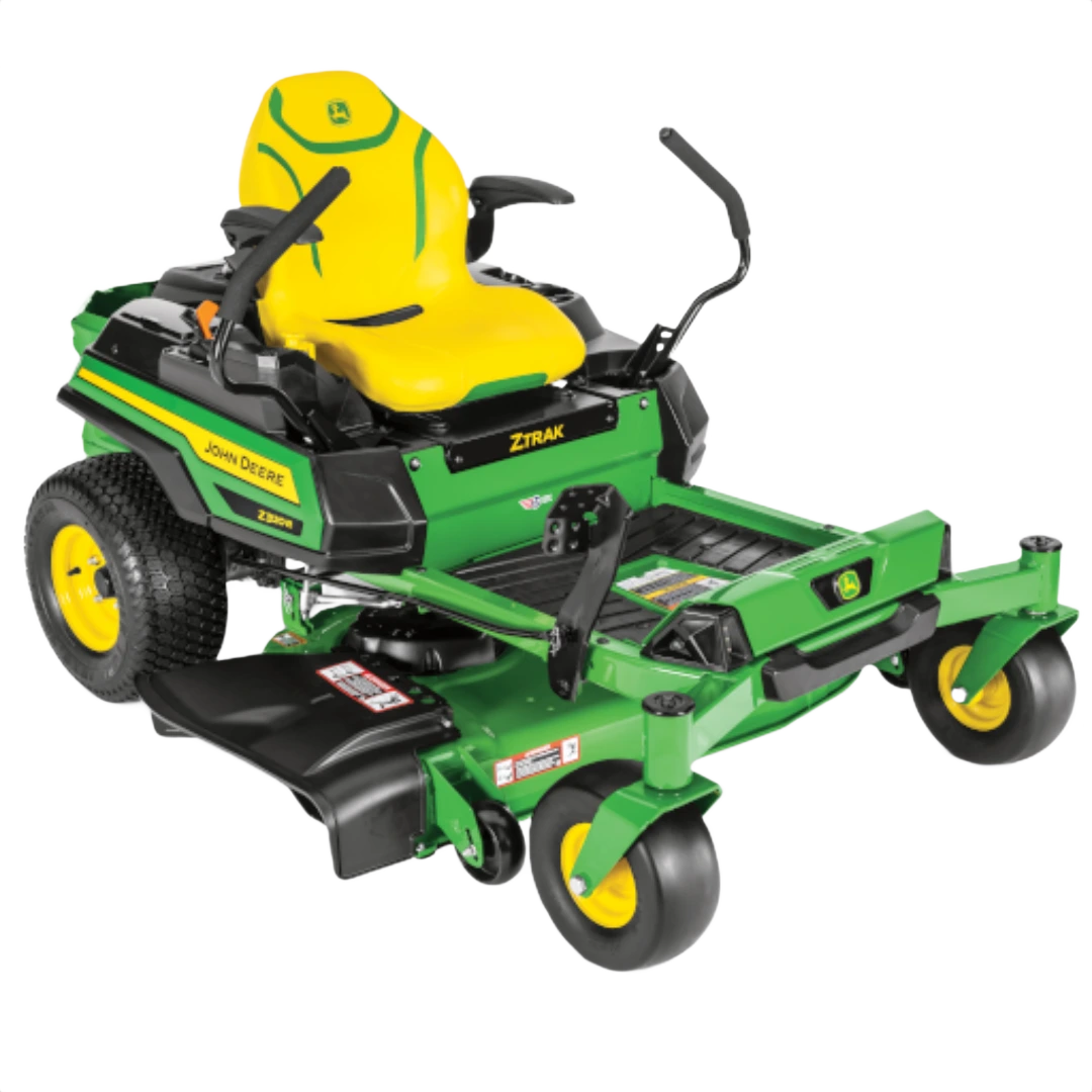 Green and yellow zero-turn mower with ergonomic seat and 42-inch cutting deck for efficient lawn maintenance