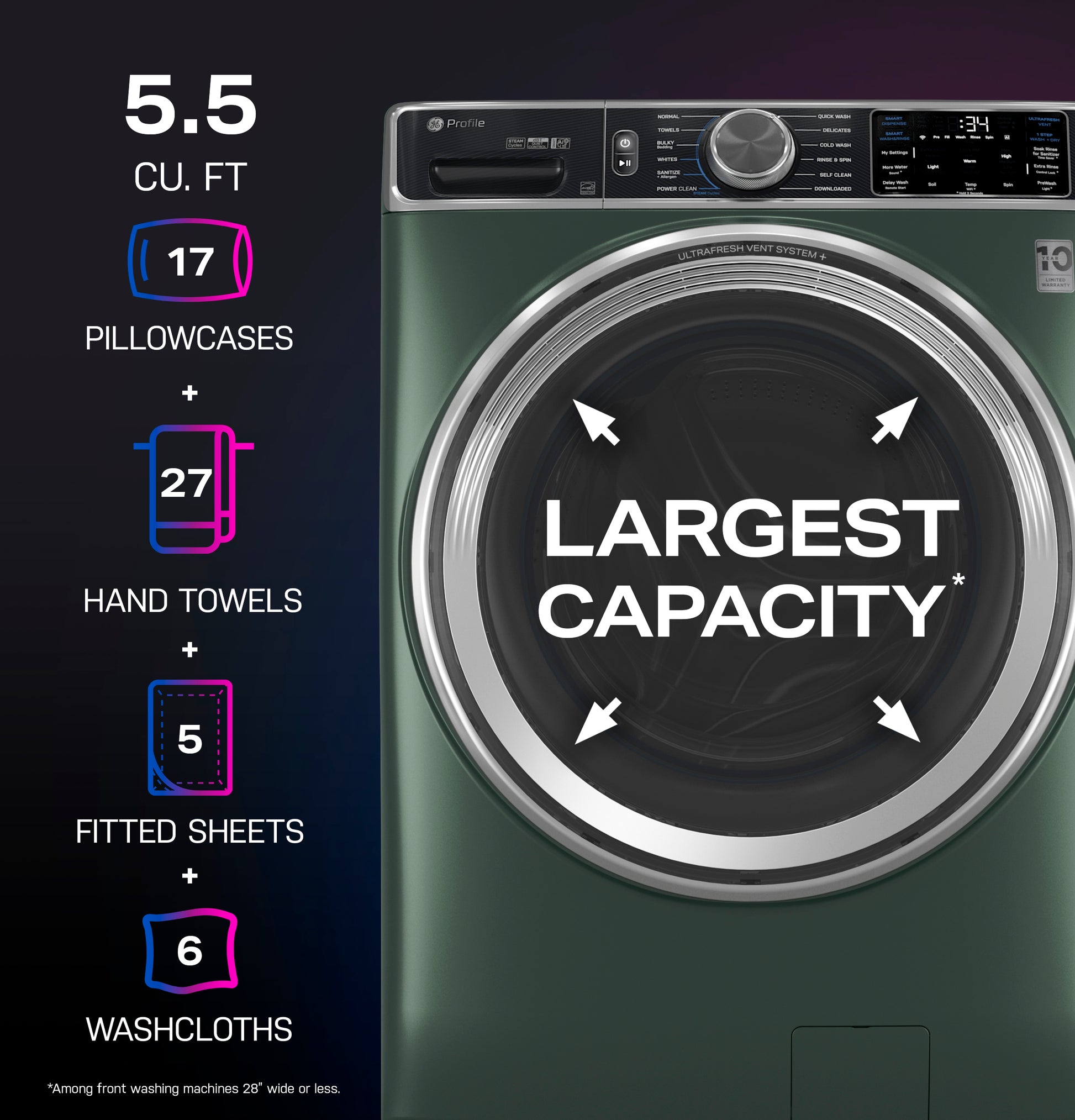 Dark green front load washer highlighting 5.5 cu. ft. capacity with UltraFresh Vent System in front load washers collection
