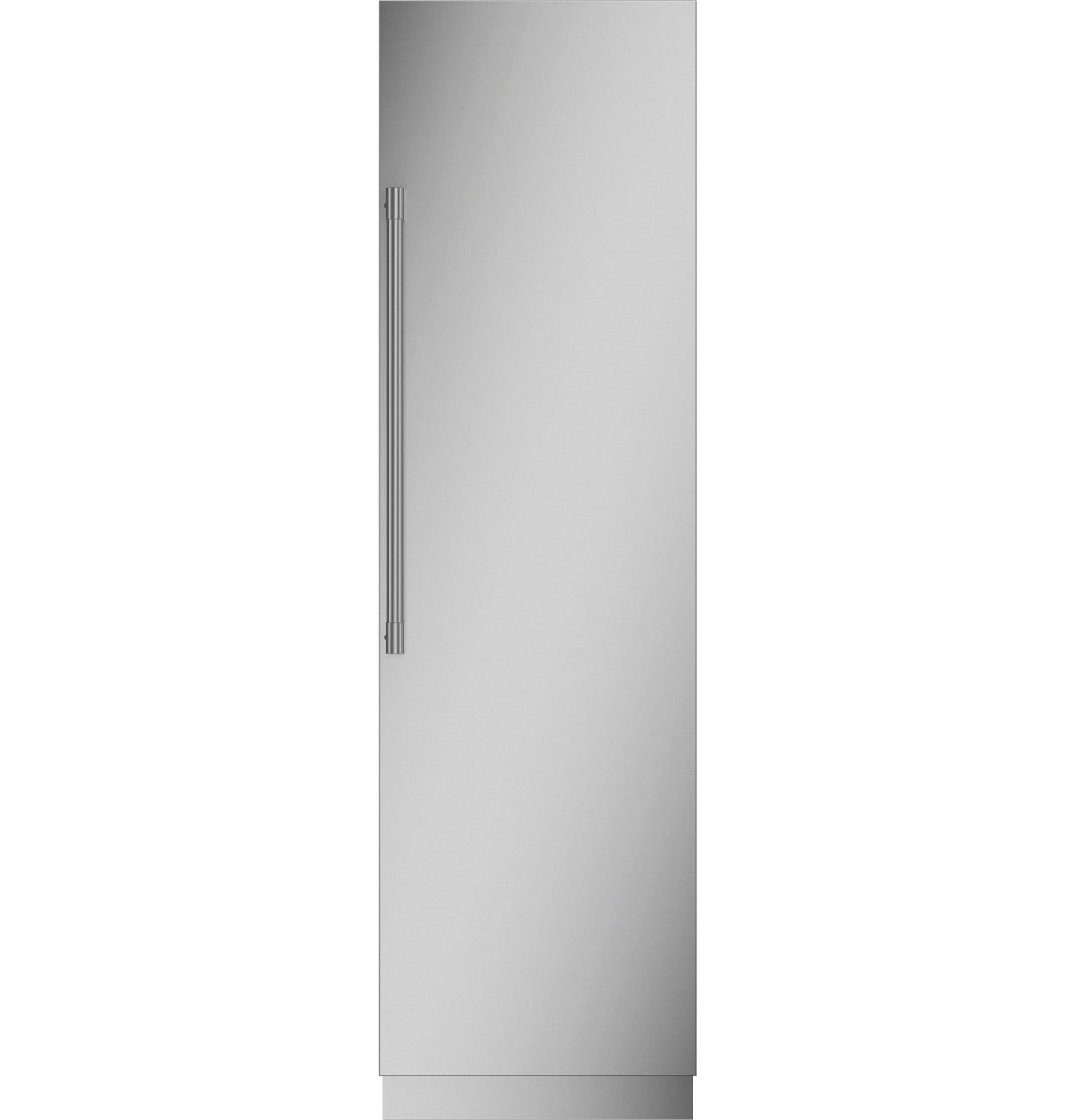 Tall panel-ready integrated column refrigerator in stainless steel with vertical handle for kitchen appliance collection