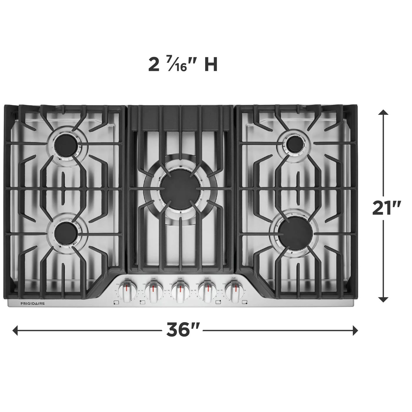 Top view of a 36-inch gas cooktop with five burners and edge-to-edge continuous grates in kitchenware collection